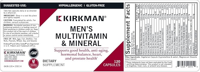 Kirkman 60 to 90 Men’s Multi-Vitamin and Mineral Boost || 120 Vegetarian Capsules || Provides Comprehensive Vitamin and Mineral Support for Senior Men || Gluten and Casein Free