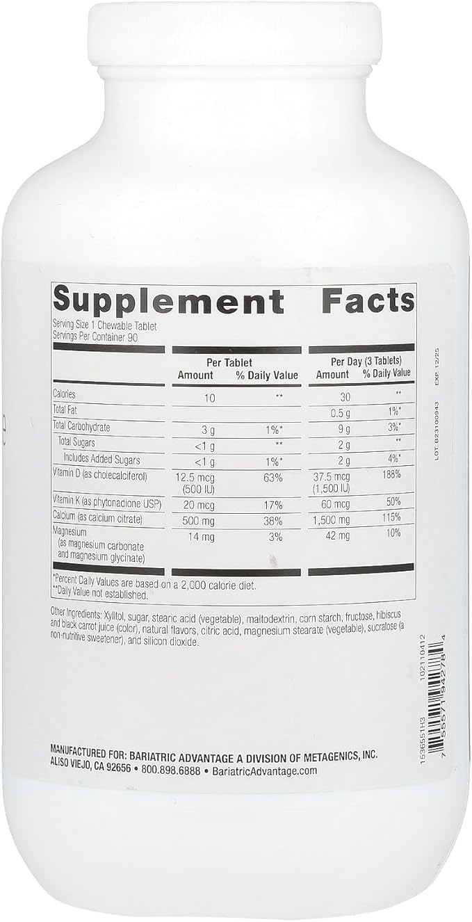 Bariatric Advantage Calcium Citrate Chewable 500mg with Vitamin D3 for Bariatric Surgery Patients Including Gastric Bypass and Sleeve Gastrectomy, Low Sugar - Wild Cherry Flavor, 90 Count