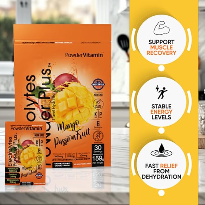 Electrolytes Powder Plus, Keto, Mango Passionfruit, Sugar Free, 1000mg Potassium, 120mg Calcium, 120mg Magnesium, Non-GMO, Zero Calories, 30 Hydration Packets