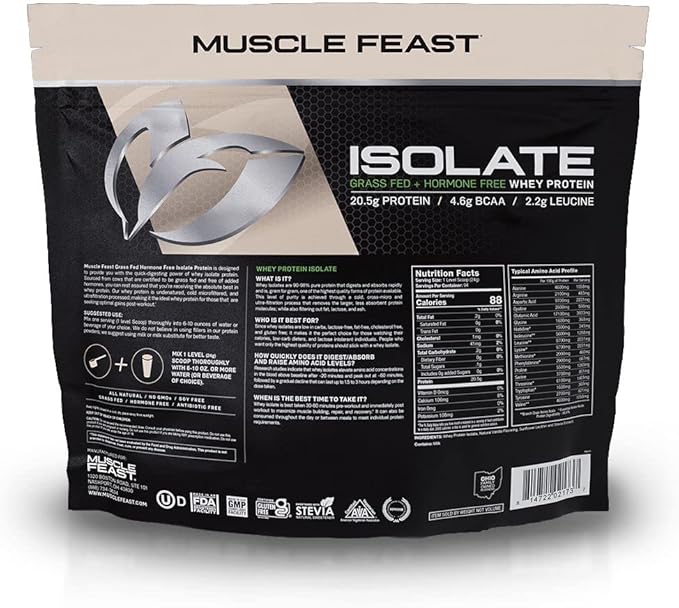 Muscle Feast Grass-Fed Whey Protein Isolate, All Natural Hormone Free Pasture Raised, Vanilla, 5lb (94 Servings)