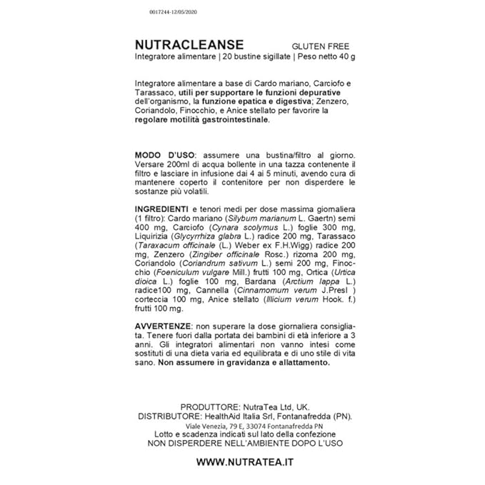 NUTRACLEANSE - Detox Tea | Colon Cleanse Tea | Constipation Tea - Full Body Detox Cleanse – Includes Dandelion Root, Milk Thistle and Burdock Root - 20 Enveloped Tea Bags - by Nutra Tea - Herbal Tea