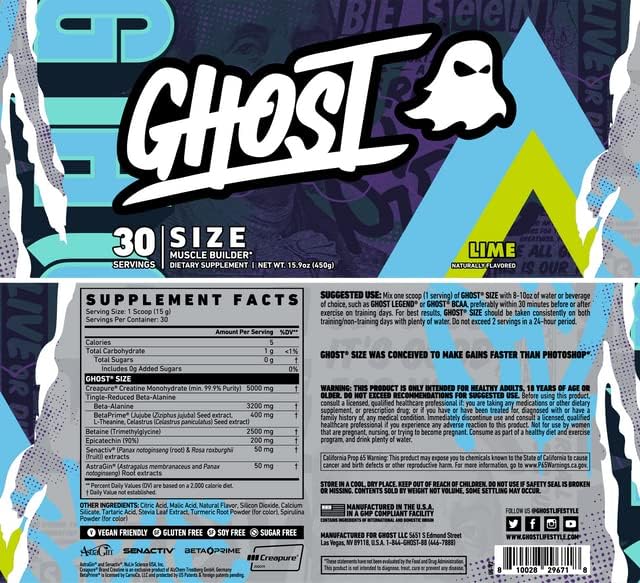 GHOST Size Muscle Builder Dietary Supplement - Lime, 30 Servings - Muscle Growth and Strength Building Supplements for Men & Women - Creatine, Betaine & Beta-Alanine - Free of Sugar & Gluten, Vegan