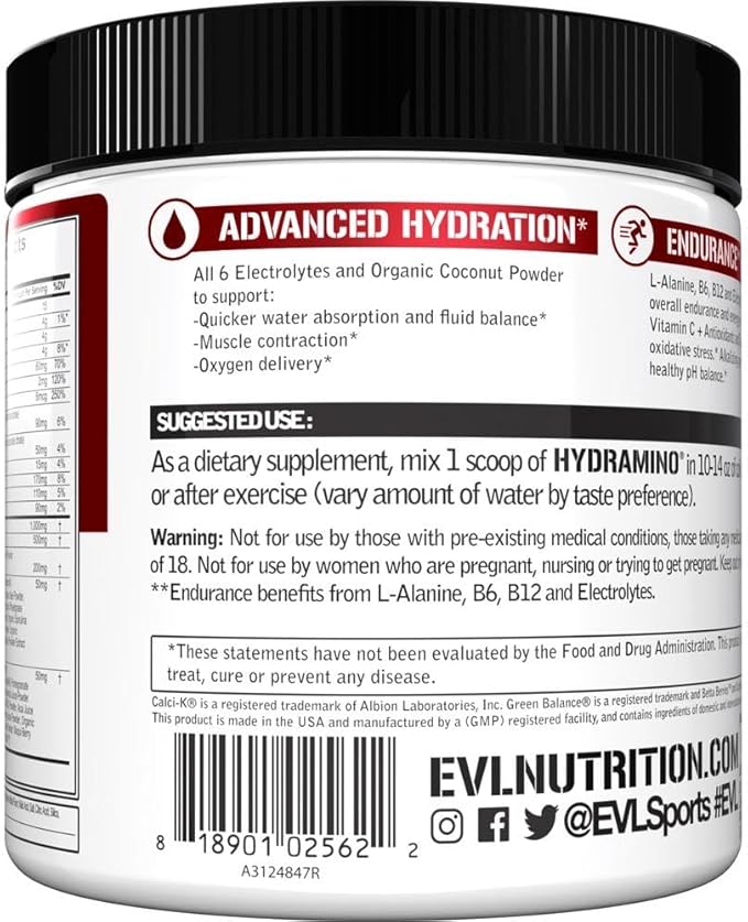 Evlution Nutrition HYDRAMINO Complete Hydration Multiplier, All 6 Electrolytes, Vitamin C & B, Fluid Boosting Aminos, Coconut Water, Endurance, Recovery, Antioxidants, 30 Serve, Fruit Punch
