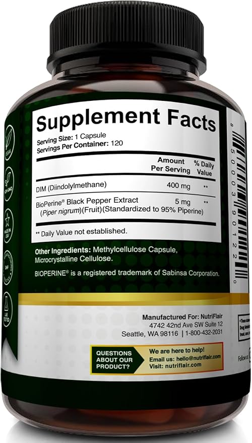 NutriFlair DIM Supplement 400mg with Bioperine, 120 Capsules - Diindolylmethane - Estrogen Metabolism Support & Hormone Balance, Menopause, PCOS, Acne and Skin Care for Men & Women - Compare to 300mg