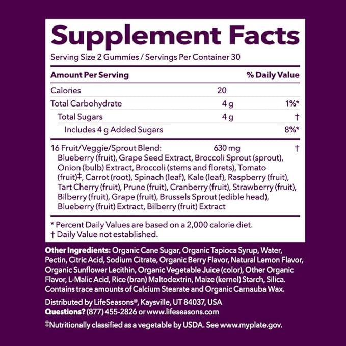 LifeSeasons Fruit & Veggie Gummy Supplement - 16 Fruits Vegetables & Sprouts - Vitamins Minerals & Antioxidants - Nutritional Support for Immunity & Wellness - 3X More Potent - 60 Gummies