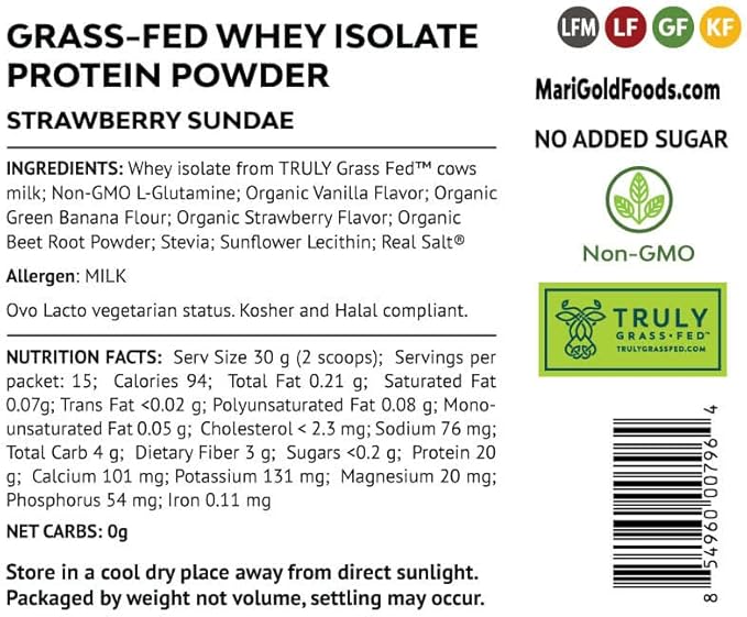 MariGold Grass-fed Whey Protein Isolate Powder - Strawberry Sundae Flavor - 1 Lb Bag | 100% Pure, Cold-Processed, Micro-Filtered, Undenatured, Non-GMO, rBGH Free, Soy Free, Gluten Free, Lactose Free