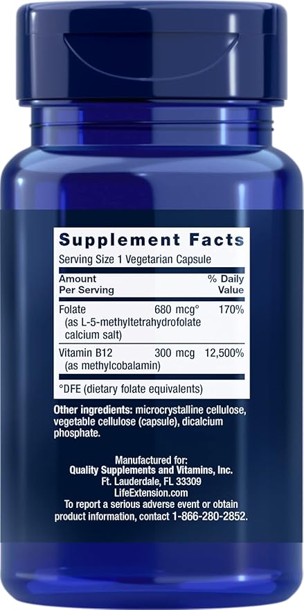 Life Extension BioActive Folate & Vitamin B12, 150 Vegetarian Capsules - Non GMO, Gluten Free Supplement