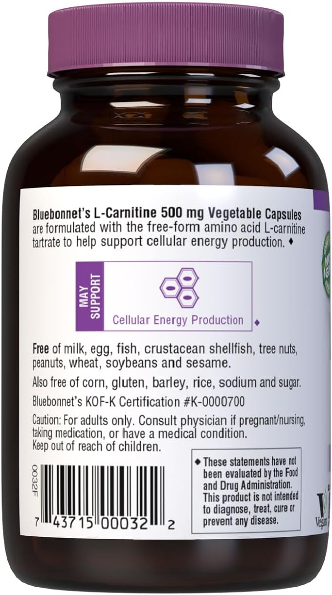 BlueBonnet L-Carnitine 500 mg Vitamin Capsules, White, 60 Count