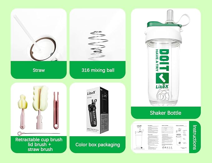 Litex Shaker Bottles for Protein Shakes, 26oz Blender Shaker Bottle for Pre-Workout,Shaker Cups with Straw, BPA-free Tritan Mixer Bottles for Protein Powder,with Cup Brush and Instructions (White)