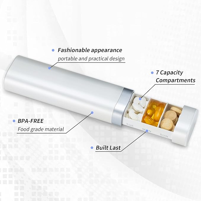 Weekly Pill Organizer 7 Day, Betife Daily Pill Box, Travel Pill Case, Cute Pill Holder to Hold Vitamins, Medicines, Supplements, Pills Organizer (Pearl White)