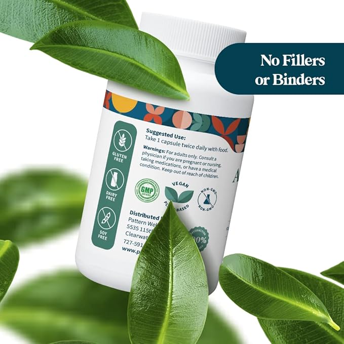 Pattern Wellness Ashwagandha Complex for Men & Women - KSM-66 & Black Pepper Extract - Whole Body & Heart Health - Supports Stress & Mood - Non-GMO - 60 Vegan Capsules