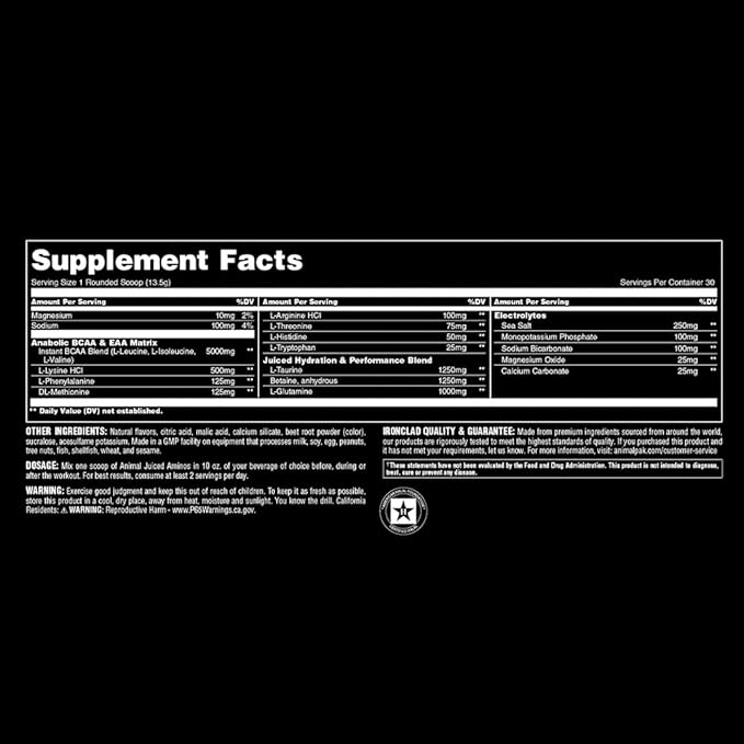Animal Juiced Amino Acids - BCAA Powder EAA Matrix Plus Hydration with Electrolytes and Sea Salt Anytime Recovery and Improved Performance, Grape Flavor, 30 Servings