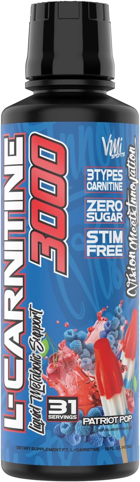L-Carnitine 3000 Liquid | 3000 mg Carnitine Supplement | Zero Calorie Zero Sugar Keto Friendly for Men and Women – Great Tasting| 31 Servings (Patriot Pop, 16 fl. oz.)