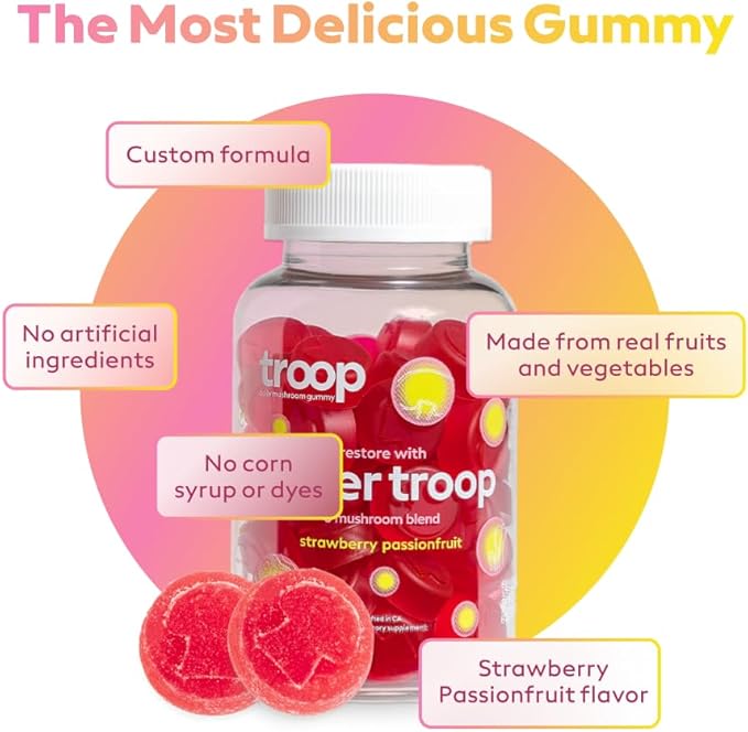 Troop Daily Super 6 Mushroom Blend for Immunity, Vitality, Mood, Balance, Gut Health, Energy - Restorative Supplement with Triple Extracted Fruit Body Blend - Vegan, Delicious Gummies, 60 Count