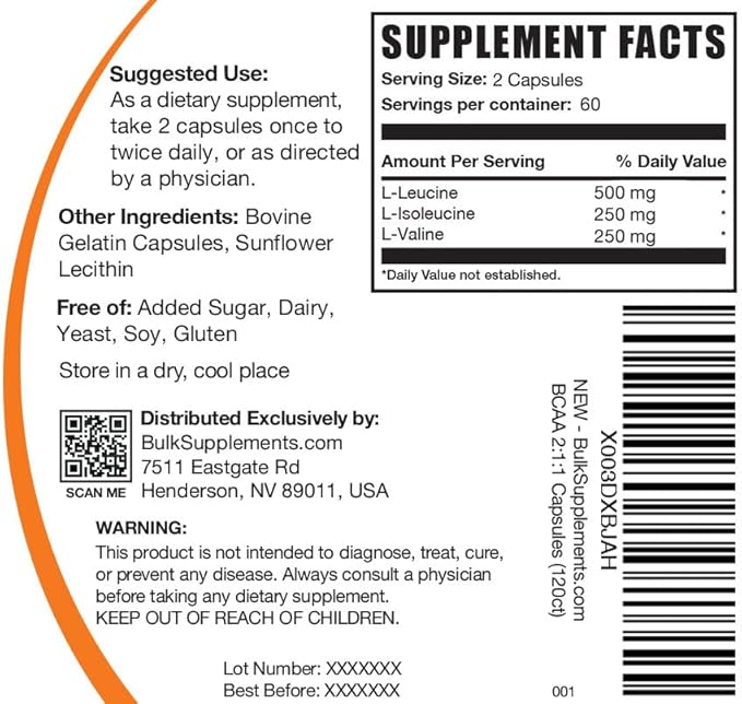 BulkSupplements.com BCAA 2:1:1 Capsules - Branched Chain Amino Acids, BCAA Supplements, BCAA Capsules - BCAA 1000mg, BCAA Pills - Gluten Free - 2 Capsules for Serving, 120 Capsules