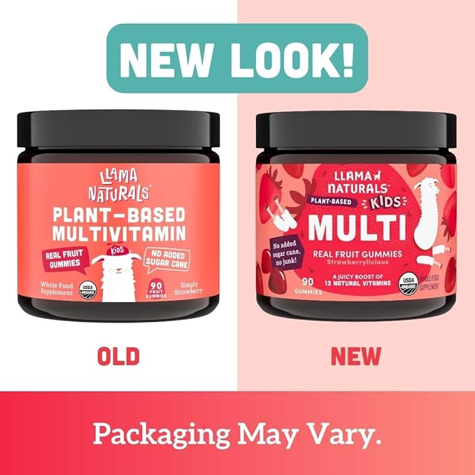 Llama Naturals Real Fruit Gummy Vitamins for Kids, No Added Sugar Cane, Beta Carotenes, Whole Food Multivitamin, Vegan Toddler Gummies, Plant Based, Organic, Chewable 90 ct (30-45 Days) Strawberry