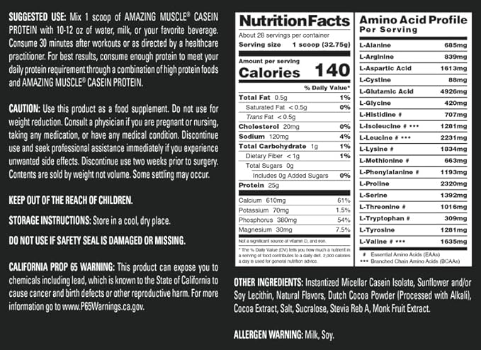 Amazing Muscle Casein Protein Powder | Chocolate Flavor | 25 G Protein | 2 Lb (907 G) | Non-GMO | Made in USA