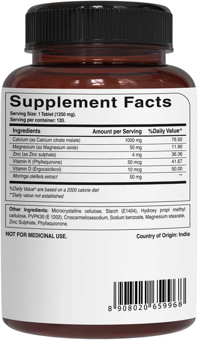 Pure Nutrition Ultra Calcium Citrate Malate | 1000mg Highly absorbable Calcium Supplement with Calcium Citrate Malate, Vitamin D3, Magnesium and Zinc | Non-GMO | Gluten-Free | 120 Veg Tabs