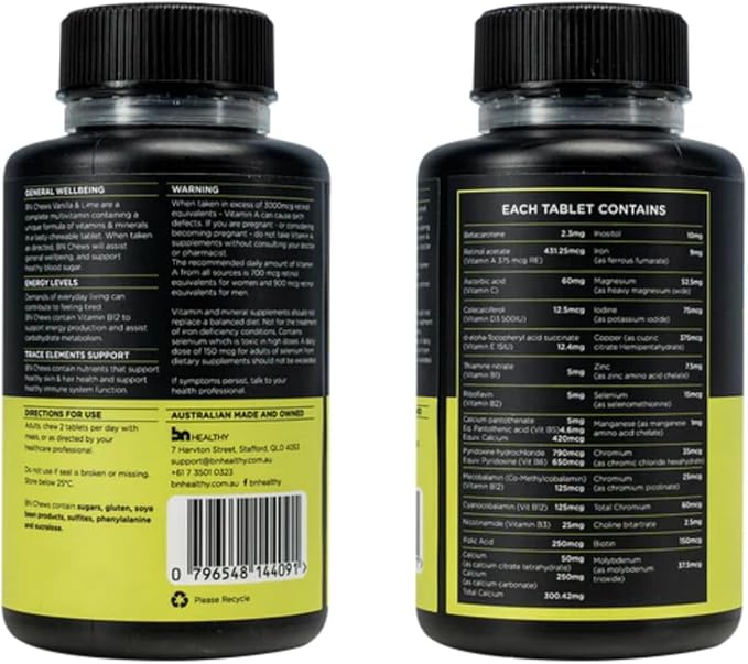 BN Chews Vanilla & Lime - Bariatric Multivitamin Chewable with 27 Essential Nutrients Vitamins A, B6, B12, C, D3, 18 mg Iron & Calcium, Supports Men & Women Health(2 Pack)