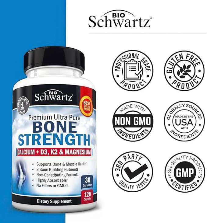 Bone Strength Calcium Supplement - With Calcium, Vitamin D3, K2, C, Magnesium, Zinc - 8 Bone-Building Nutrients, High Absorption, Non-Constipating Formula - 120 Veggie Capsules for Optimal Bone Health