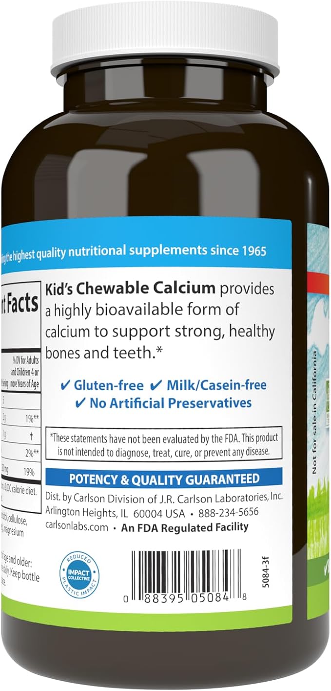 Carlson - Kid's Chewable Calcium, 250 mg, Highly Absorbable, Bone & Teeth Support, Optimal Wellness, Natural Vanilla Flavor, 120 Tablets