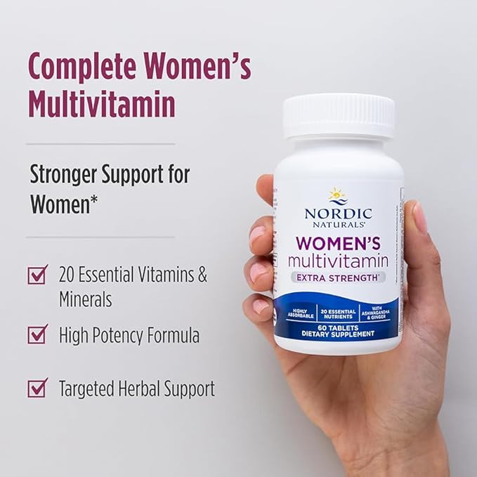 Nordic Naturals Women’s Multivitamin Extra Strength - Skin, Hair, Energy, & Bone Support - Immunity Supplement - 20 Essential Nutrients - 60 Tablets - 30 Servings