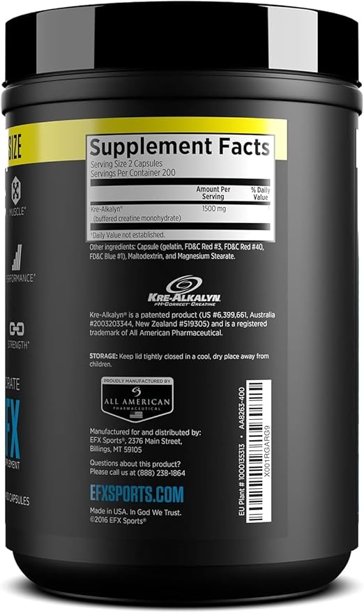 EFX Sports Kre-Alkalyn EFX | pH Correct Creatine Monohydrate Pill Supplement | Strength, Muscle Growth & Performance | 200 Servings, 400 Capsules