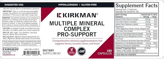 Kirkman Multiple Mineral Complex Pro-Support - Hypoallergenic | 180 Vegetarian Capsules | Minerals