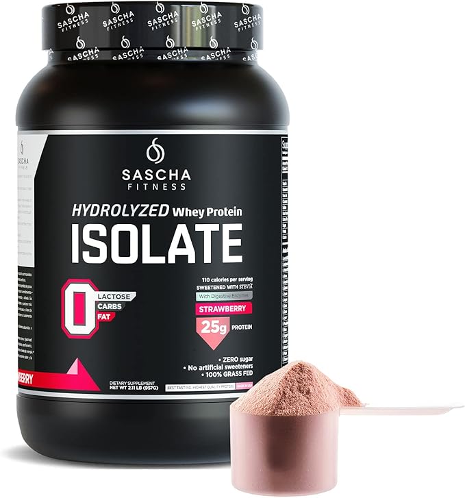 SASCHA FITNESS Hydrolyzed Whey Protein Isolate,100% Grass-Fed (2 Pounds, Strawberry)