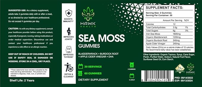 Hawk Health Sea Moss Gummies Vitamin C + Zinc + Bladderwrack + Burdock + Apple Cider Vinegar – Extra Strength Immune & Thyroid Support Booster Gummies for Adults Made in USA