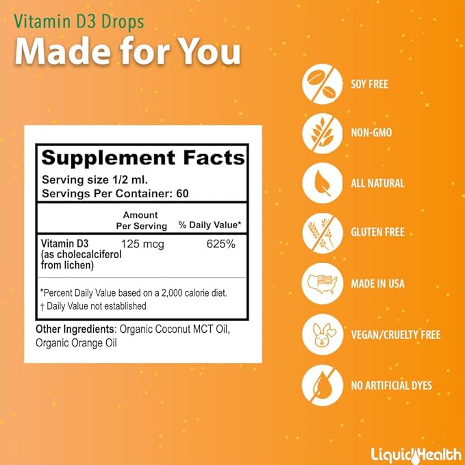 LIQUIDHEALTH Liquid Vitamin D3 5000 IU, Organic Vitamin D Liquid Drops, Adults & Kids, Vegan Liquid Vitamin D for Immune Support, Bone Health, Mood Support
