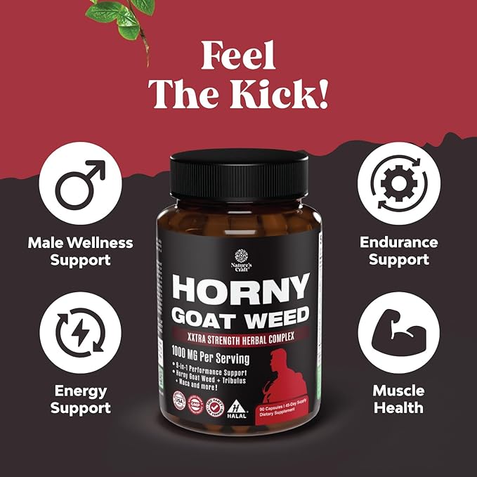 Horny Goat Weed for Male Enhancement - Extra Strength Horny Goat Weed for Men 1000mg per serving Complex with Tongkat Ali Saw Palmetto Extract Panax Ginseng and Black Maca Root for Stamina & Energy