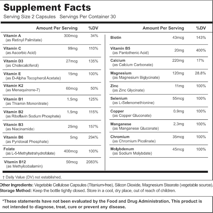 21 Vitamins &Minerals All-in-One Support, Multivitamin, Vitamin A, K2, D3,. Calcium, Zinc, Made in USA 20 Capsules