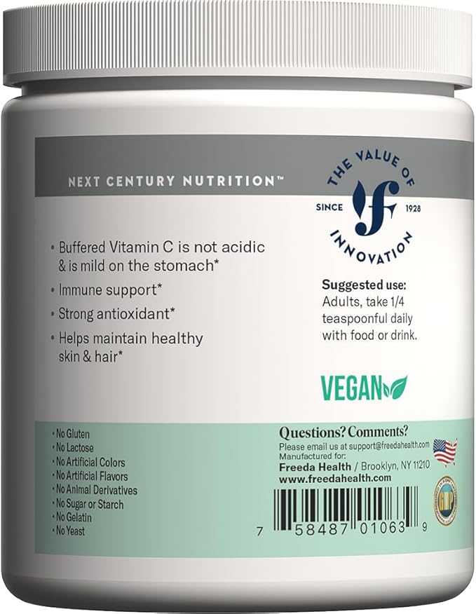 FREEDA Vitamin C - Buffered Vitamin C Powder - Kosher - Powerful Antioxidant Immune Support - Sensitive Stomach Vitamins C Drink - Calcium Ascorbate - Sugar Free Vitamin C - VIT C Supplement (16 oz)