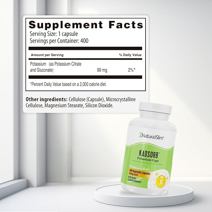 NaturalSlim Kadsorb Natural Potassium Citrate - Supports Electrolyte Balance & Normal PH, Non-GMO & Gluten-Free, Absorbable Potassium Supplement with Essential Minerals - 99 mg 400 Capsules (Solo)
