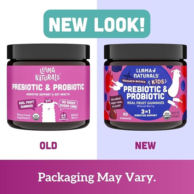 Llama Naturals Real Fruit Prebiotic & Probiotic Kids Gummies, No Added Sugar Cane, Children Digestion, Toddler Tummy Aches, Gut Health, 2B CFU, Mixed Berry, 120 ct (60-120 Days)