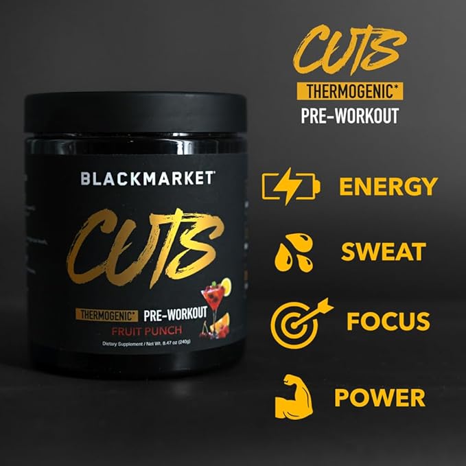 BLACKMARKET CUTS Pre Workout - Flavored Energy Powdered Drink Mix for Men & Women, Great for Muscle Definition, Thermogenic, Creatine Free, (Fruit Punch, 30 Servings)
