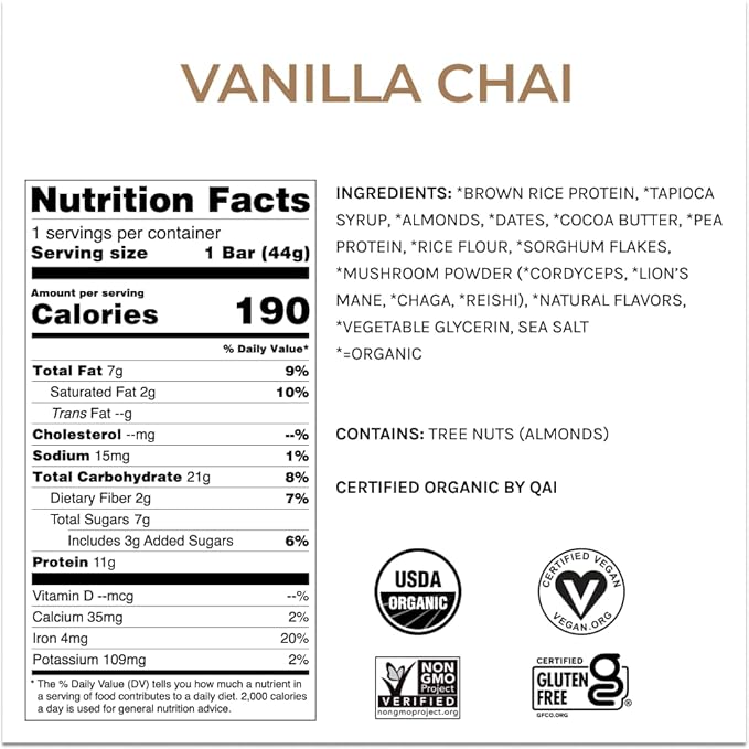 Organic Functional Mushroom Protein Bars | Full Dose (1500mg) Lions Mane, Chaga, Reishi & Cordyceps Bars | Vegan Protein Bars, Adaptogens, Superfoods Protein Bars | Vanilla Chai Flavor