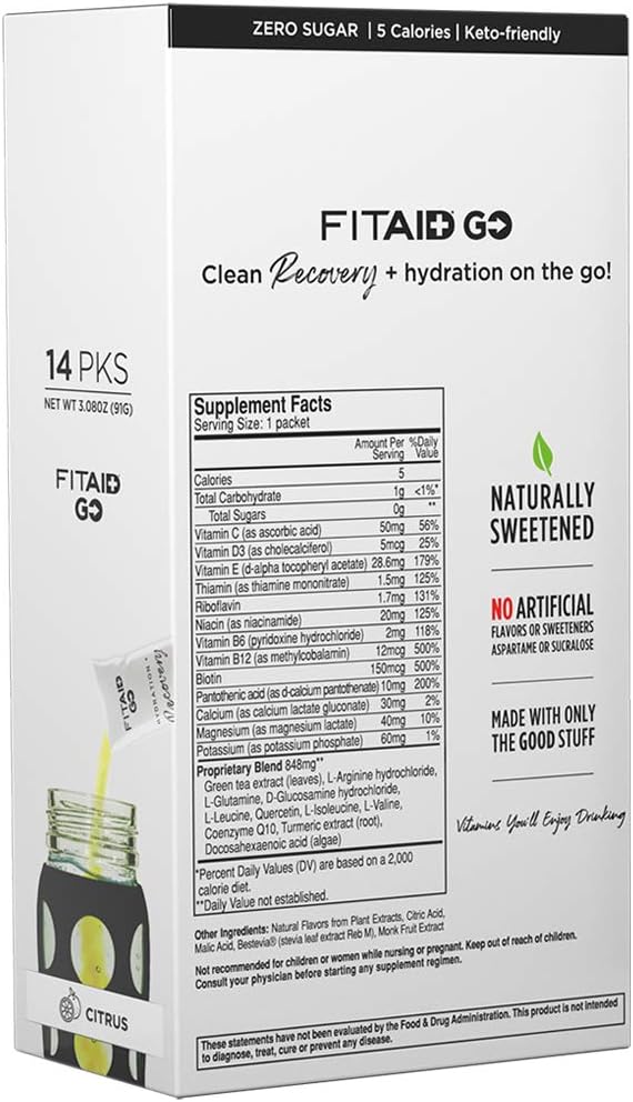 FITAID GO ZERO SUGAR Recovery Hydration Packet, W/ BCAAs, Glucosamine, Electrolytes, Omega-3s, 100% Clean, Keto-friendly, Vegan & Gluten-Free, 5 calories, Naturally Sweetened, 14 pack
