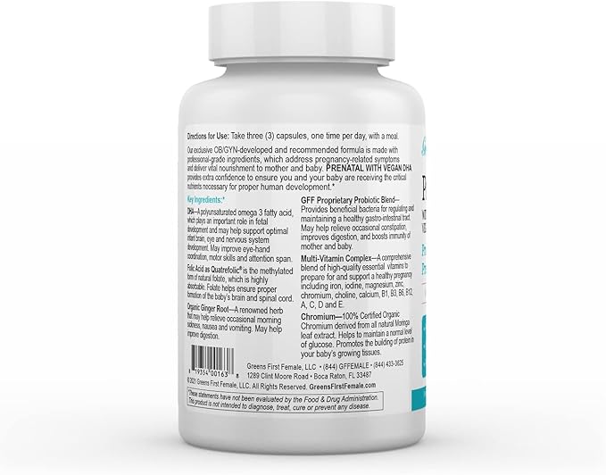 Greens First Female Prenatal Vitamin with Vegan DHA - Pregnancy Multivitamin Supplement - Supports Healthy Fetal Development - Natural Ingredients - with Ginger - 90 Capsules