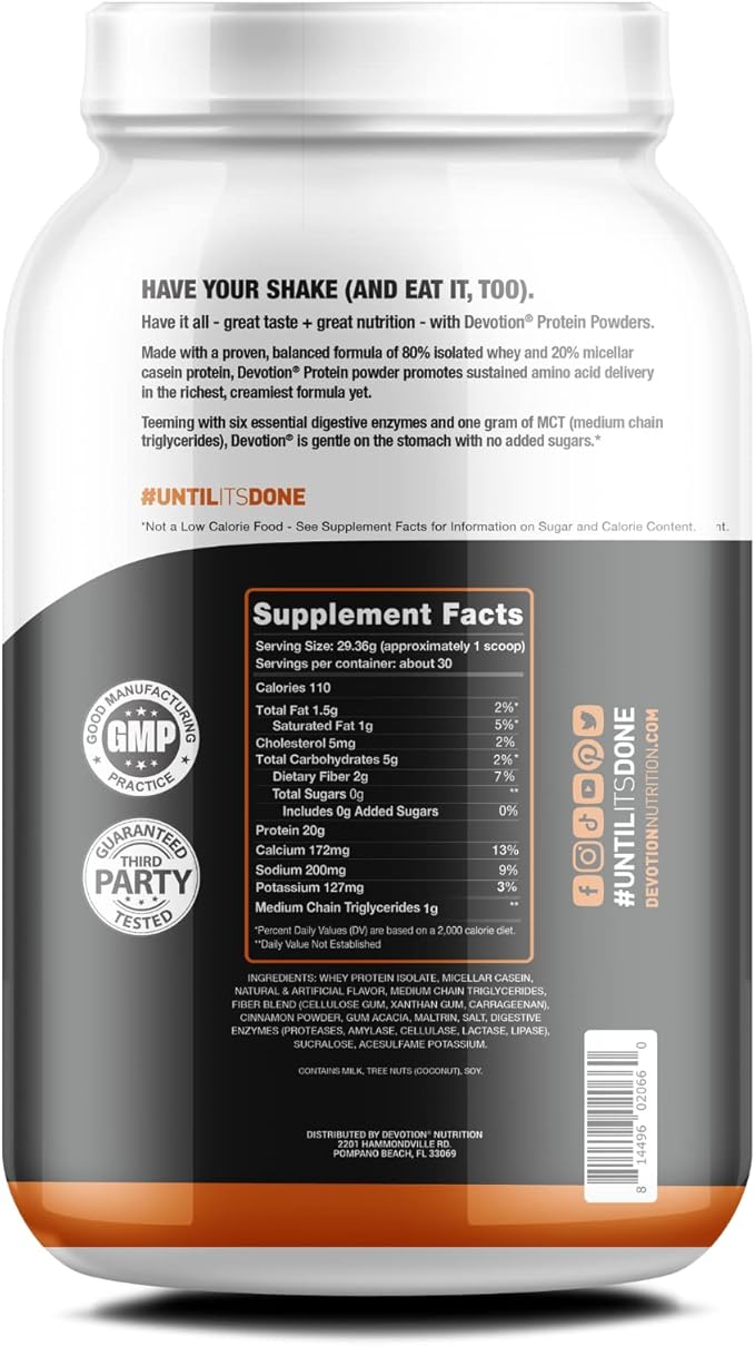 Devotion Nutrition Protein Powder Blend | Gluten Free, Keto Friendly, No Added Sugars | 1g MCT | 20g Whey & Micellar Protein | 2lb Tub (Sinful Cinnamon)