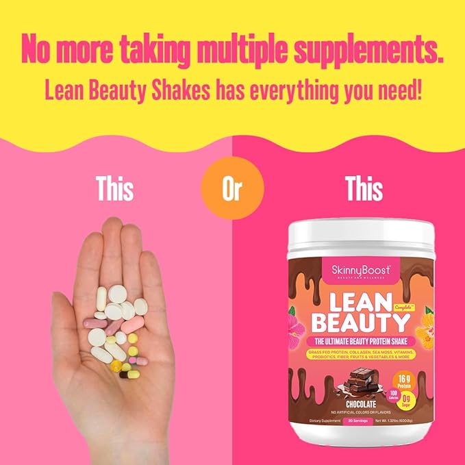 Lean Beauty Shake Protein Powder-Chocolate- Grass Fed Whey Protein, Hydrolyzed Collagen, Beauty Ingredients, Vitamins and Metabolism Support, No Sugars, All Natural, 20 Servings, Made in USA