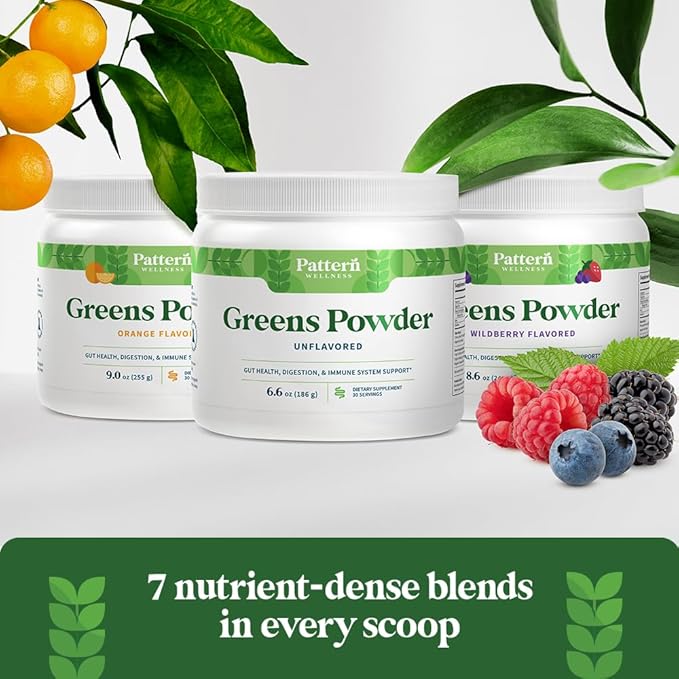 Pattern Wellness Greens Powder Superfood - Complete with Antioxidant, Digestive Enzyme, Fiber, Probiotic, & Adaptogen Blends - Gut, Digestion, & Immune System - 30 Servings - 6.6 oz (Unflavored)