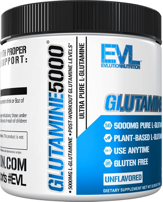 Pure Vegan L-Glutamine Powder Supplement - Evlution Nutrition Nitric Oxide Booster 5g L Glutamine Supplement for Post Workout Recovery Enhanced Pumps Gut Health Energy and Immunity - Unflavored