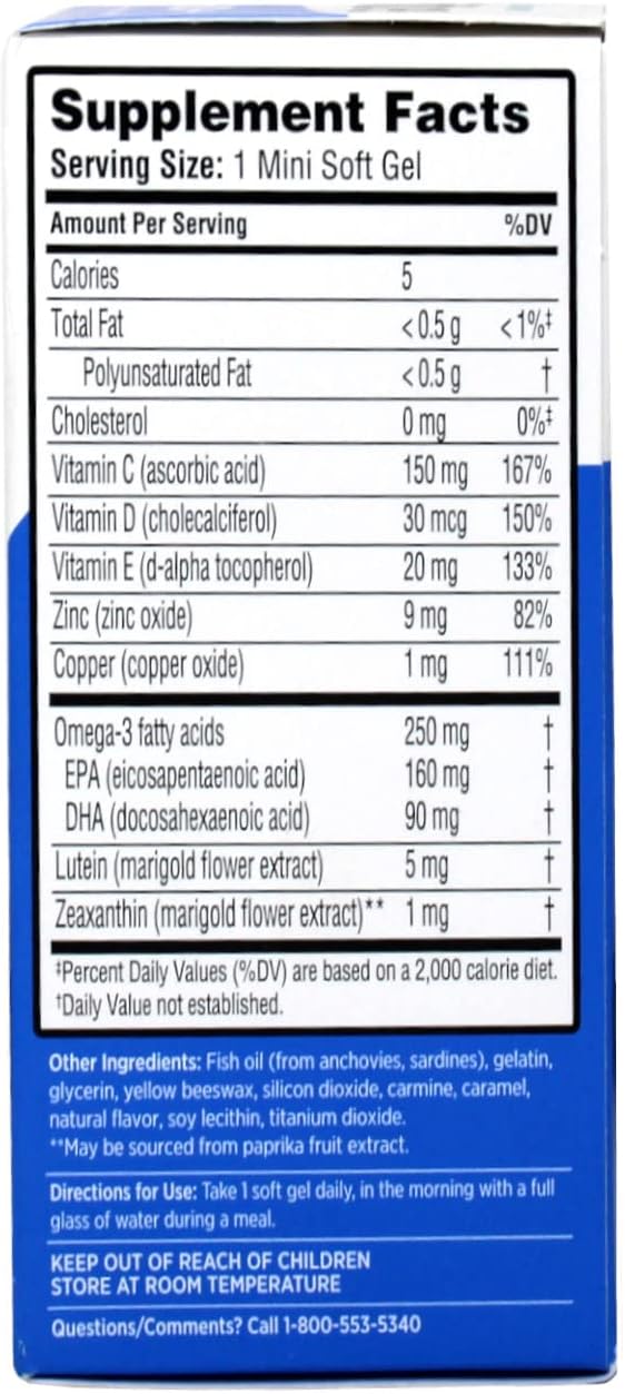 Ocuvite Eye Vitamin & Mineral Supplement, Contains Zinc, Vitamins C, E, Omega 3, Lutein, & Zeaxanthin, Bausch & Lomb Ocuvite Adult 50+ Eye Vitamin & Mineral Softgels, 50 Count (Packaging May Vary)