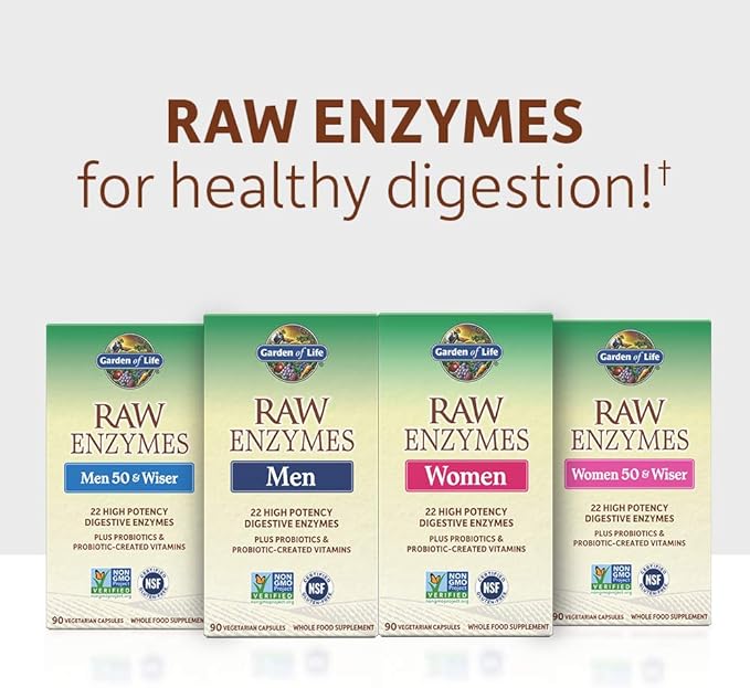 Garden of Life 22 Digestive Enzymes for Women 50 & Over with Bromelain, Papain & Lactase Plus Probiotics & Vitamins B12, Biotin & Zinc – RAW Enzymes – Non-GMO, Gluten-Free, Vegetarian, 90 Capsules