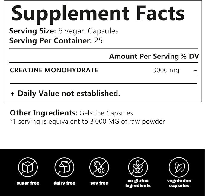 Creatine Monohydrate 3000 MG 150 Capsules | Dietary Supplement | Extra Strength Natural Formulation | Support Strength & Energy
