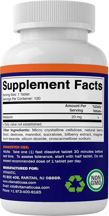 Vitamatic Melatonin 20mg Tablets | Vegetarian, Non-GMO, Gluten Free | HIGH Potency 20 MG | Natural Berry Flavor (1/2 Tablets = Melatonin 10mg) (120 Count (12 Pack Wholesale Buy))