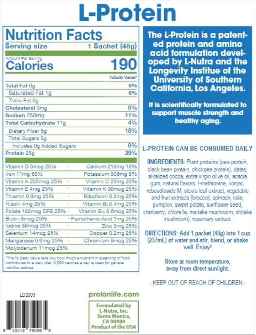 ProLon Longevity Plant Based Protein Powder | Muscle Synthesis & Repair, Healthy Aging, Boost Performance | Vitamins, Gluten Free, Amino Acids, Antioxidants | 25g of Protein | Chocolate, 12 Packets