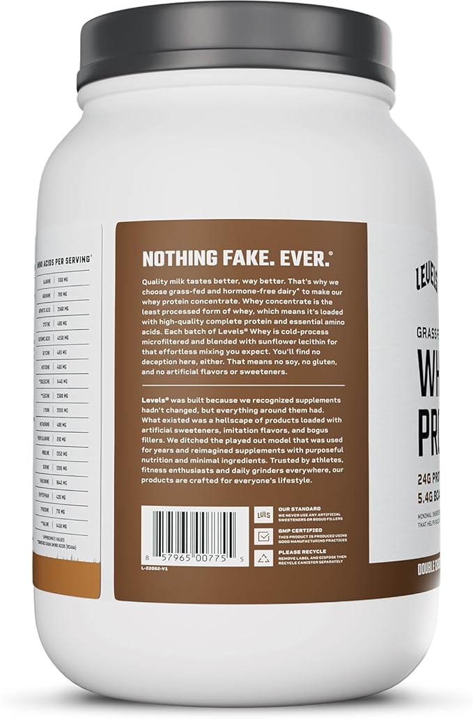 Levels Grass Fed Whey Protein Powder, No Artificials, 24G of Protein, Double Chocolate, 2LB